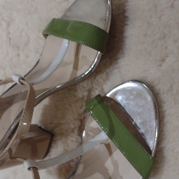 Franco Sarto Strappy Sandal Block Heel Bright Green and Cream - Picture 3 of 14